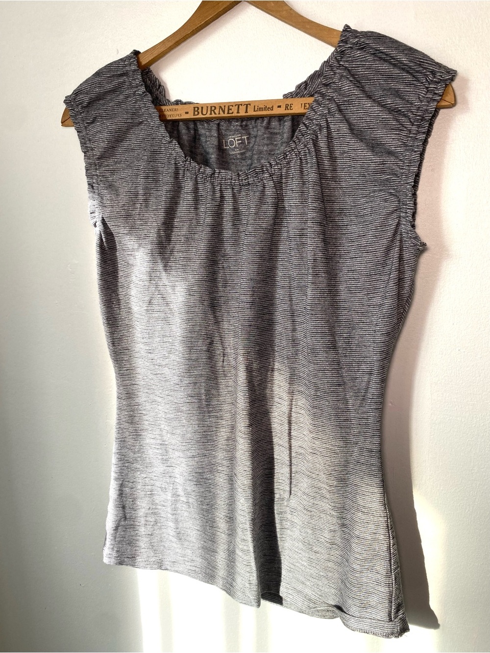 LOFT Gray Micro-Striped Ruffled Tank Top